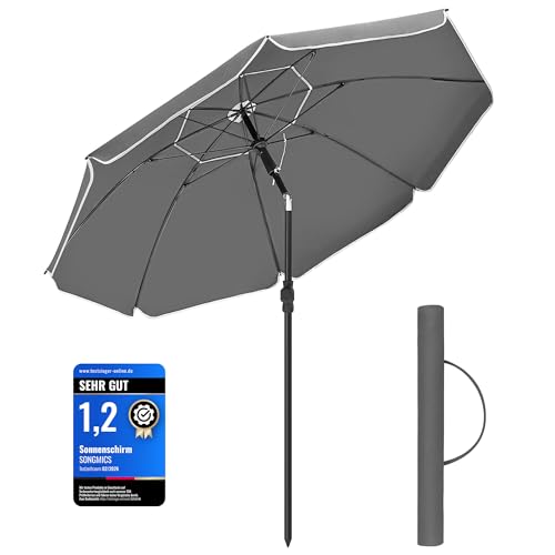 SONGMICS Sonnenschirm 160 cm, Sonnenschutz, UPF 50+, Strandschirm, beidseitig um 30° knickbar, höhenverstellbar, mit Tragetasche, für Balkon, Garten, Terrasse, Strand, ohne Ständer, grau GPU060G01