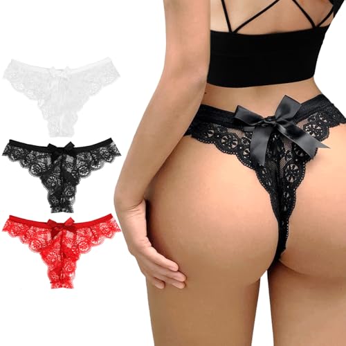 Telooco Spitzenhöschen Damen 3er Pack Braut Spitzen Tanga Sexy Spitzenhöschen Unsichtbarer Sexy Spitzen String Damen Unterwäsche Spitze Tangas mit Spitzenschleife (Schwarz Weiß Rot, L)