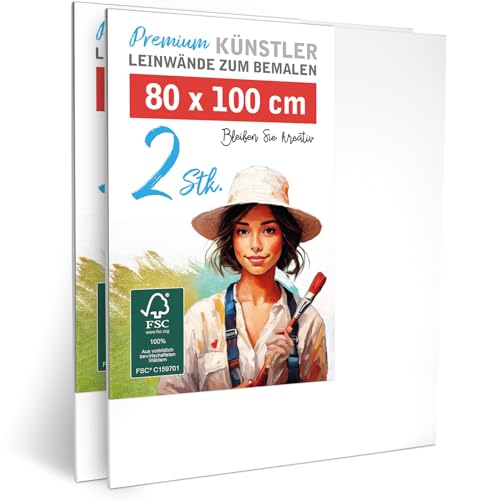2er-Set Leinwand zum Bemalen 80x100cm groß - 100% Baumwolle 280g/m², 2-fach grundiert, FSC® Holz-Keilrahmen 17mm, für Acrylfarbe, Aquarell, Öl & Gouache