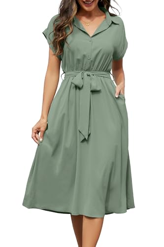 Cassiecy Sommerkleid Damen Knielang Kurzarm Blusenkleid Elegant V-Ausschnitt Midikleid Casual Wickelkleid Strandkleid mit Taschen(XXL,Grün)