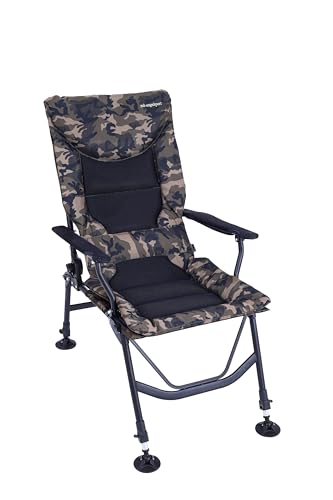 Angelstuhl XL 150kg belastbar, Karpfenstuhl mit Armlehnen, klappbar, bequemer Anglerstuhl mit Armlehne und verstellbarer Sitzhöhe (42cm bis 55cm), Camping Stuhl inkl. extra breiter Sitzfläche