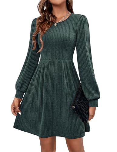 Hotouch Winterkleid Damen Langarm Kleid Knielang Strickkleid Rundhals Weihnachtskleid A-Linie Winterkleid Herbst Kleider Knielang Blusenkleid mit Taschen Grün M