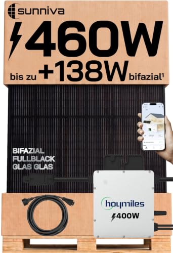 SUNNIVA® 460W Balkonkraftwerk BIFAZIAL FULLBLACK komplett Steckdose HOYMILES 400 Watt Wechselrichter, PV Solaranlage Komplettset, 1x 460W N-Type Glas-Glas Bifacial Solarmodule, 5m Kabel