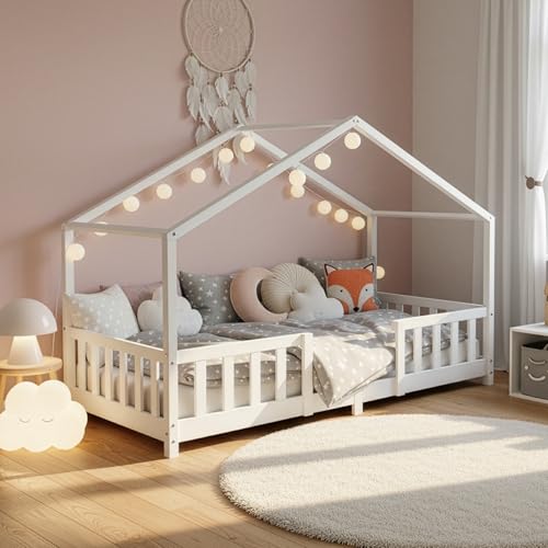 [en.casa] Kinderbett Treviolo Hausbett 90 x 200 cm Holzbett für Kinder mit Rausfallschutz Montessori Bettgestell mit Lattenrost Kiefernholz Weiß