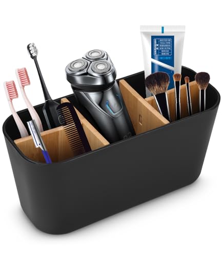 Toaren Bambus Trennwände Toothbrush Holder Zahnbürstenhalter,Herausnehmbarer Zahnputzbecher Kunststoff,Elektrische Zahnbürste Halterung Badezimmer Organizer mit 1 Zahnpastafach 4 Zahnbürstenfächer