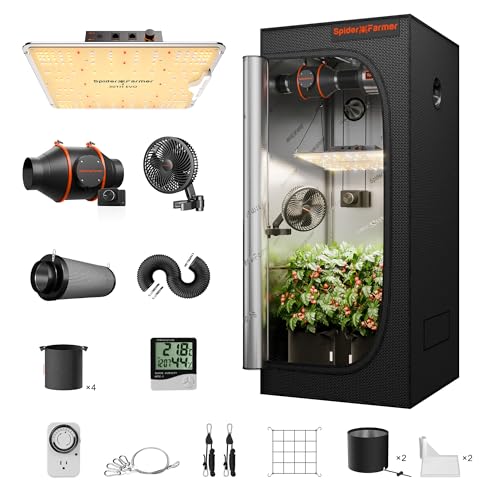 Spider Farmer Growzelt Komplettset SF1000 Grow Light Dimmbarer LED Grow Lampe Vollspektrum Samsung LM301H EVO Diodes GrowZelt Kit Komplettes 70x70x160cm Hydroponics Growing Tent Set Belüftungssystem