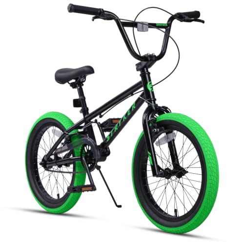 glengo Stryker 18 Zoll Kinderfahrrad Freestyle BMX Bike für 5 6 7 8 Jahre alte Jungen Mädchen und Anfänger, Schwarz mit Grün Reifen