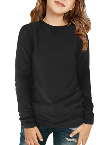 Haloumoning Mädchen Langarmshirt Kinder Rundhals Langarm T-Shirts Einfarbige Casual Sport Oberteile Herbst Niedlich Basic Tees Tops 7-14 Jahre, Schwarz, 7-8 Jahre