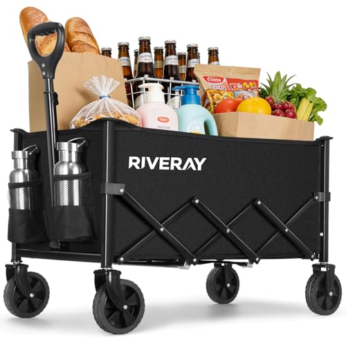 RIVERAY Bollerwagen Faltbar 120L 120KG, Klappbarer Bollerwagen mit Abnehmbarer Stofftasche Verstellbarem Griff, Faltbarer Handwagen All Terrain Rädern für Camping, Garten, Outdoor, Einkauf