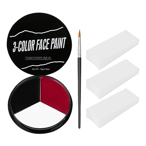 BOBISUKA Gesichtsfarbe Theaterschminke(Schwarz Weiß Rot)+Schwämme+Pinsel | Halloween Bodypainting für Karneval,Cosplay,Mime,Skelett,Clowns,Joker,Teufel,Gotik Figur,Geist,Wasserdicht,Hohe Deckkraft