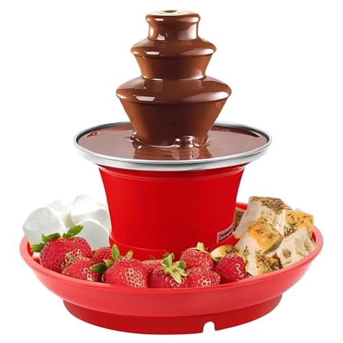 Schokoladenbrunnen, 3 Etagen Schokobrunnen mit heißem Schmelztiegel-Boden, Elektrisch Schokolade Brunnen, Rot Schokoladebrunnen Warmhaltefunktion für Brunch, Weihnachten, Partys