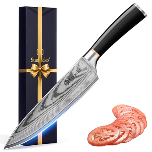 Sunnecko Damastmesser 20cm, Küchenmesser mit Scharfes Messer - Hochwertiges Damast Kochmesser für Profis & Hobbyköche - Scharfes Fleischmesser aus Damaststahl, Perfekt Geschenk, Frühling 2026