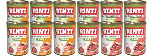RINTI-Kennerfleisch Senior Mixpaket 12 x 400g | Nassfutter für ältere Hunde | je 6X Huhn & Rind | getreidefrei, 66% Fleisch, mit Omega 3 & Rübenfaser, ohne Konservierungsstoffe