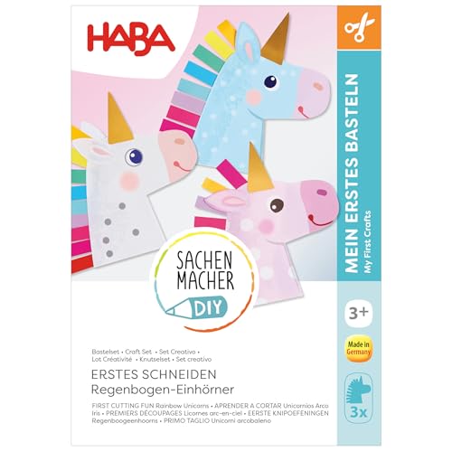 HABA Sachenmacher Erstes Schneiden Regenbogen-Einhörner (3er Set) – Schneiden Lernen ab 3 Jahren, Einhorn Bastel-Set für Kinder, Kindergarten, Kita & Zuhause