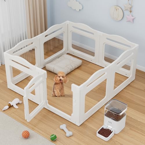 Clevich Welpenauslauf aus Acryl 129 × 129 × 60 cm, 7 PCS +1 Laufstall Hund, Hundelaufstall für Wohnung Faltbar, Saugnapf, Gitterloser Welpenlaufstall, Indoor-Hundezwinger für Welpen, Weiß