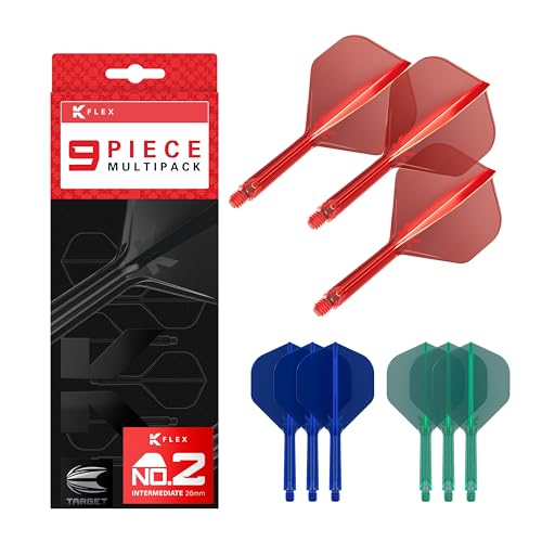 Target Darts K-Flex Integrated Dart Flights and Shafts, Stiel Intermediate Länge (26 mm), Nr. 2 Flug, 9er-Pack, Rot, Blau & Grün