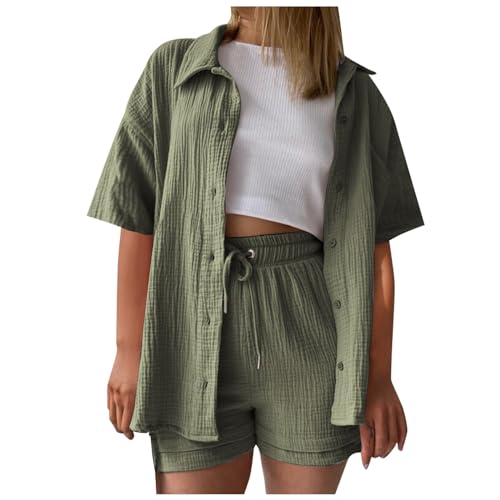 Summer Zweiteiler Damen Musselin Bluse Set, Elegant Leinen Bluse Hemd Und Shorts Einfarbig Lounge Set Strand Y2k Clothes Baumwolle Sportanzug Oversize Freizeitanzug Kurzarm Hausanzug Outfits A
