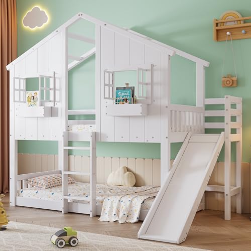 Etagenbett Kinderbett 90x200, Hochbett Hausbett für 2 Kinder, Stockbett mit Rutsche&Leiter&Fenstern&Dach&Aufbewahrungsbox, Doppelbett Holzbett mit Lattenrost&Rausfallschutz, Kiefer, Ohne Matratze,Weiß