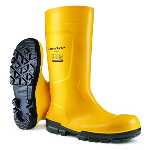 DUNLOP Work-It S5 - Arbeitsstiefel aus PVC für Damen und Herren – Wasserdichte Sicherheitsstiefel mit Stahlkappe – Baustellenstiefel – Chemikalienbeständig und rutschfest - Gelb – Größe 35 bis 50