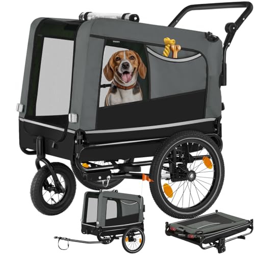 tectake® Fahrradanhänger multifunktional - als Hunde Anhänger Wagen für Fahrrad und e Bike, Jogger oder Buggy, Belastbarkeit bis 40kg, faltbar, schneller Umbau, inkl. Sicherheits Zubehör - grau