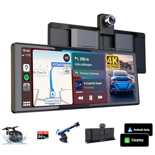 4K Apple Carplay Android Auto Display mit Exklusive Halterung, 350° Drehbare 10,26 Zoll Auto Display Car Play Bildschirm, Buddy Display mit Siri/G-oogle GPS Navigation Bluetooth 64GB TF-Karte