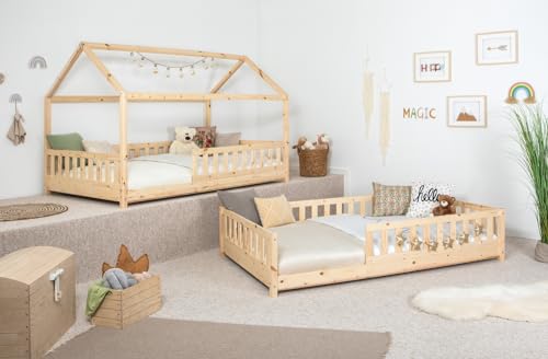 TiCAA 2 in 1 Bodenbett wandelbar mit abnehmbaren Dach 90x200 cm, 100x200 cm, 120x200 cm, 140x200 für Jungen & Mädchen, inkl. Rolllattenrost, Rausfallschutz variabel, weiß aus Kiefer Massivholz