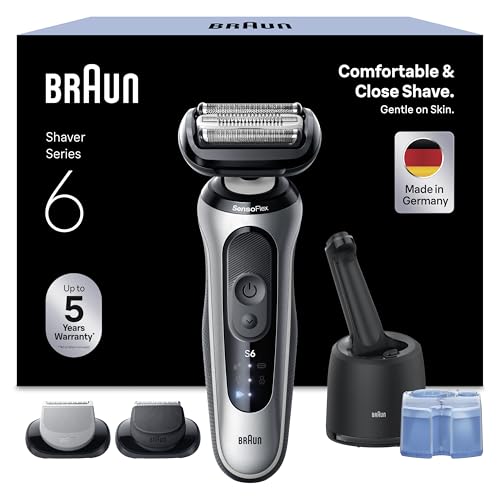 Braun Series 6 Elektrorasierer Herren, Rasierapparat mit 60 Min. Akku, 4in1 SmartCare Reinigungsstation, +2 Aufsätze, Kabelloser Nass- und Trockenrasierer für Männer, Wasserdicht, 62-S7650cc, Silber