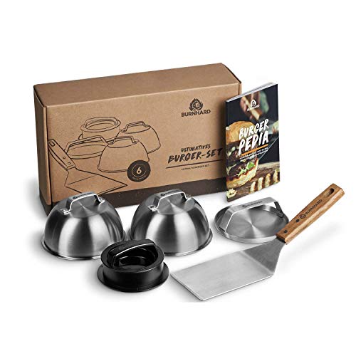 BURNHARD Burger-Set 6-TLG. inkl. Burgerpresse, Wender, Smasher, 2 Melting Domes aus Edelstahl und Rezeptheft