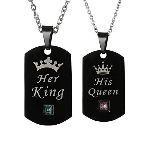 Cupimatch Paare Halskette mit Gravur His Queen Her King für Sie und Ihn Pärchen Kette Verliebte Edelstahl Zirkonia Anhänger 45cm 55cm, Schwarz/Silber