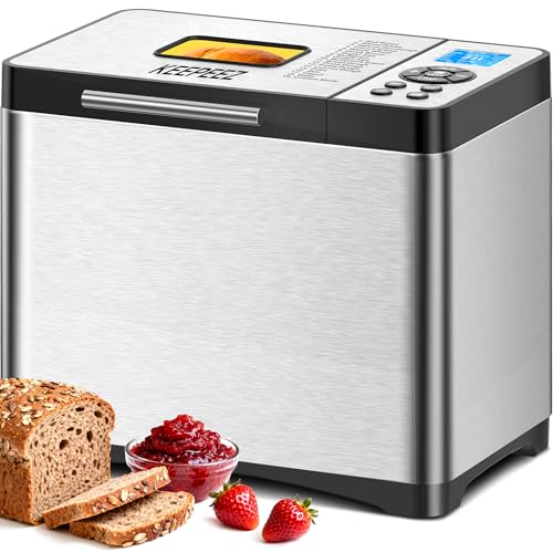 KEEPEEZ Brotbackautomat 1kg Edelstahl mit Keramikpfanne, 19 Automatischer Programme inkl. individuell programmierbar, 15h Timer, 3 Bräunungsgrade & Größen, auch für Kuchen, Pizzateig,Marmelade,Joghurt