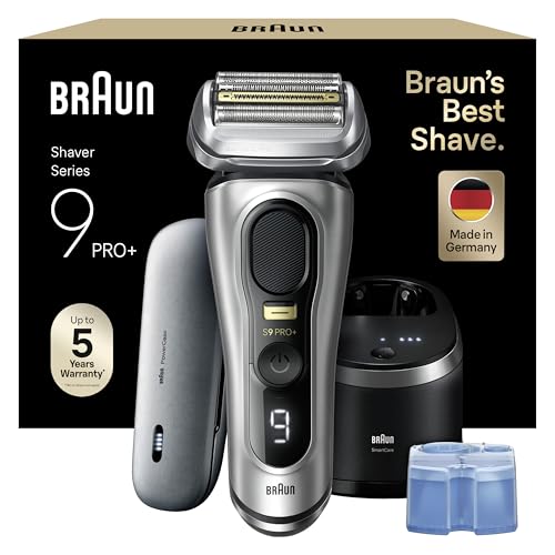 Braun Series 9 Pro+ Rasierer Herren, Elektrorasierer mit 5 Pro Rasierelementen, Langhaarschneider & Reinigungsstation, Rasierer-Ladeetui PowerCase, 60 Min Laufzeit, Made in Germany, 9577cc, Silber