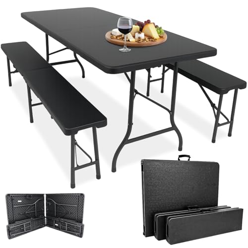 Devillo® Bierzeltgarnitur klappbar 3‑teilig – Tisch 180x74x72 cm + 2 Bänke 180x25x43 cm – Campingtisch, wetterfest & pflegeleicht, Anti‑Rutsch – mit Tragegriffen – für Camping, Garten – Anthrazit