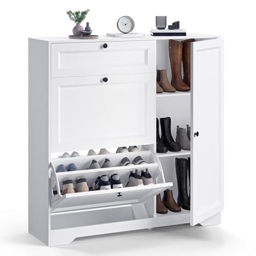 Xbro Schuhschrank mit Schublade, 2 Klappen und Tür, Schuhkipper Schmal, Schuhregal für 20–25 Paar Schuhe, mit verstellbaren Trennwänden, für Flur und Eingangsbereich, 100 x 29,7 x 104 cm, Weiß