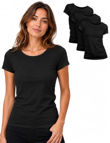 Basic Treasure 3er Pack Tshirt Damen Schwarz, Kurzarm, 100% Baumwolle, M