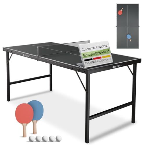 Juskys Tischtennisplatte Mini – Klappbarer Tischtennistisch klein mit Zubehör, Indoor & Outdoor Tischtennis Set Flexi für Zuhause & unterwegs – Schwarz