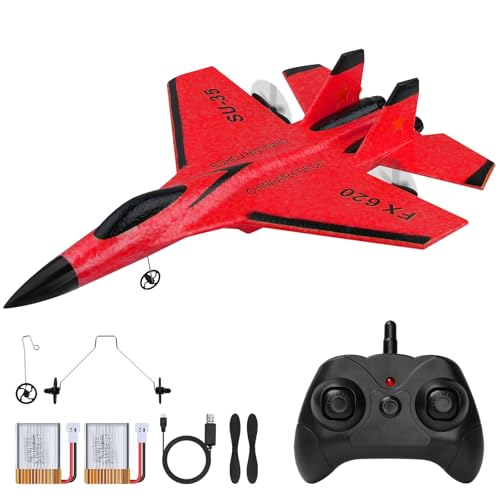 Henakmsl RC Flugzeug 2.4GHz SU35 Kämpfer RC Flugzeug 2CH Ferngesteuerter RTF für Anfänger, Kinder und Erwachsene, FX620 Flugzeug Spielzeug mit Farbigen Lichtern USB-Aufladung Rot