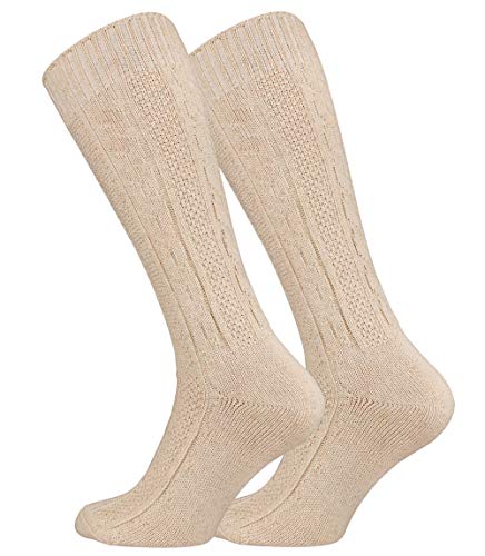 Cotton Prime Unisex Trachtensocken Trachtenstrümpfe, Kniehoch mit Zopfmuster, Naturfarben, Leinen-Baumwollgemisch, Perfekt für Lederhose und Dirndl, Gr. 43-46