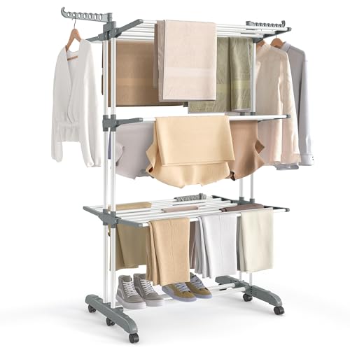 SONGMICS Wäscheständer, Standtrockner 4 Ebenen, Flügelwäscheständer, klappbare Flügel, mit Rollen, 63,5 x 125,5 x 173 cm, groß, einfacher Aufbau, wolkenweiß-Taubengrau LLR703WZ02