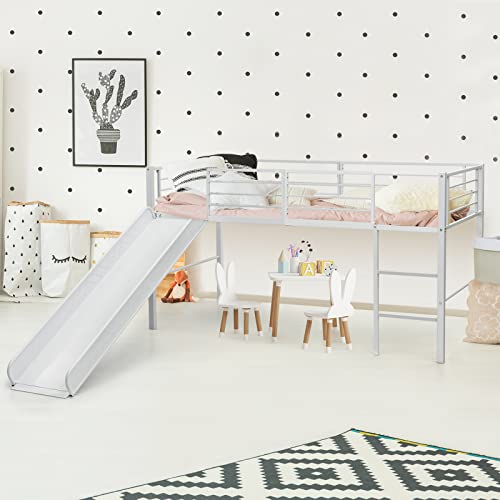 GOPLUS Kinderbett, 198 x 96 cm Eisenbett mit Rutsche, Sicherheitsschienen, Treppe, Eisenrahmen, Angemessener Abstand, Stabil, Langlebig, Hochbett Kinder Bett für Kinderzimmer & Kindergarten (Weiß)