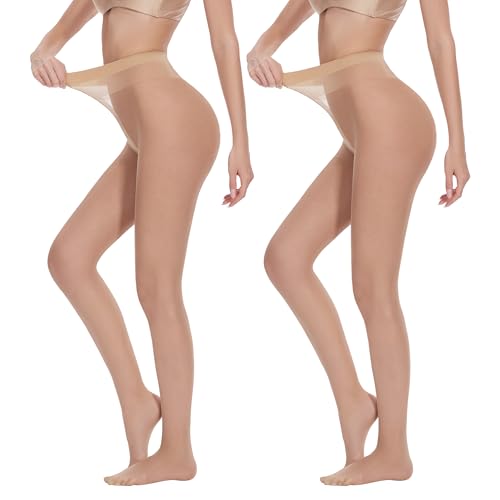 AKKQHH 2er Pack Strumpfhosen Damen 20 DEN Transparent Feinstrumpfhose Reißfest Seidenstrumpfhose Komfortbund Seidig Stützstrumpfhose Druckfreier High Waist(Hautfarben*2,L)