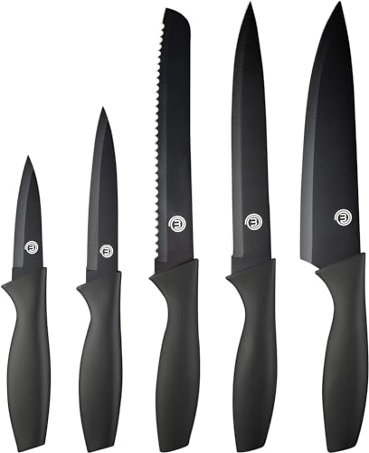 MasterChef Messer Set, Messerset mit Küchenmesser, Kochmesser, Brotmesser, Schälmesser & Allzweckmesser, Schneidemesser Küche Set, Scharfe Messer mit Edelstahlklingen, Softgriff, 5-teilig, Schwarz