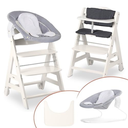 hauck Hochstuhl Beta+ Newborn Set - Babyhochstuhl Set ab Geburt mit 2in1 Neugeborenen Aufsatz Bouncer, Sitzpolster und Essbrett - Weiß