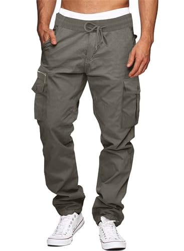 Elegancity Cargohose Herren Baumwolle Outdoorhose Lange Baggy Hose Arbeitshose Casual Cargo Hose Stretch Jogginghose für Männer Grau L