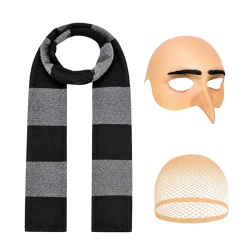JrnSvp Gru Kostüm, Halloween Kostüm, 3 Stück Faschingskostüme, Karneval Kostüm, Halloween Kostüm Für Erwachsene, Gru Verkleidung Mit Glatzenkappe, Netzhaube
