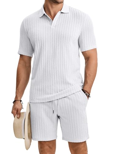 JMIERR Herren Jogginganzug Set Sommer Strick Einfarbig, Weiß M