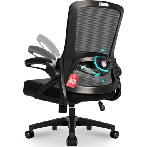 Milacyee Bürostuhl Ergonomisch, Schreibtischstuhl mit Verstellbarer 4D Lendenwirbelstütze, Drehstuhl mit Klappbare Armlehnen, Computerstuhl mit 90°-125° Liegefunktion, Netzstuhl bis 130KG, Schwarz