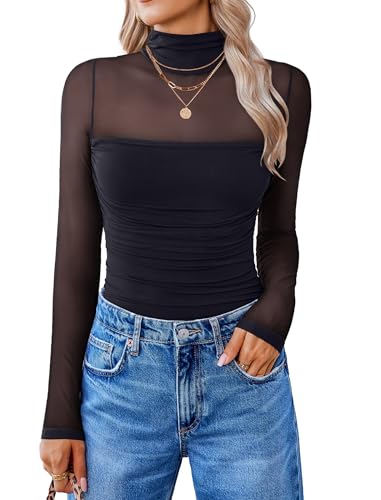 Avidlove Damen Body Sexy Oberteile Elegant Bodysuit Mode Going Out Tops Mesh Langarm Damenbody Bluse Rave Oberteile Top Stretchy Körper Anzug Schwarz M
