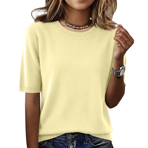 Generisch Sommer Pullover Damen—Damen Kurzarm Pullover Frühling 2026 Mode Rundhalsausschnitt Strickshirt Elegant Leicht Kurzarm Pullover Frühling Sommer Gelb M 103