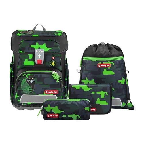 Step by Step Schulranzen-Set Cloud „Black Cat Chiko“ 5-teilig, schwarz-grün, Panther-Design, ergonomischer Tornister mit Reflektoren, höhenverstellbar mit Hüftgurt für Jungen ab der 1. Klasse, 19L