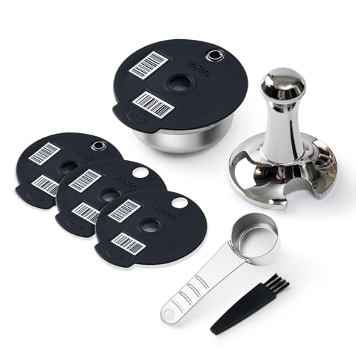 RECAFIMIL Wiederverwendbare Kaffeepads aus Edelstahl mit 4 schwarzen Silikondeckeln (60/180/200/220 ml), kompatibel mit Bosch Tassimo Maschinen